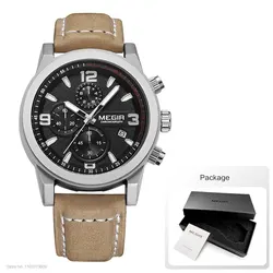 Megir Men's Stylish Chronograph Watch with Luminous Hands and Leather Band (Silver Black - Box)