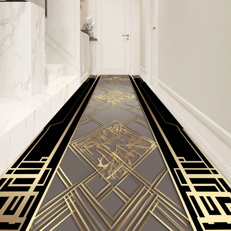 

Luxury Black Gold Long Corridor Carpet European and American Hallway Carpet Non-slip Carpet Runner Washable Floor Mat Custom Rug