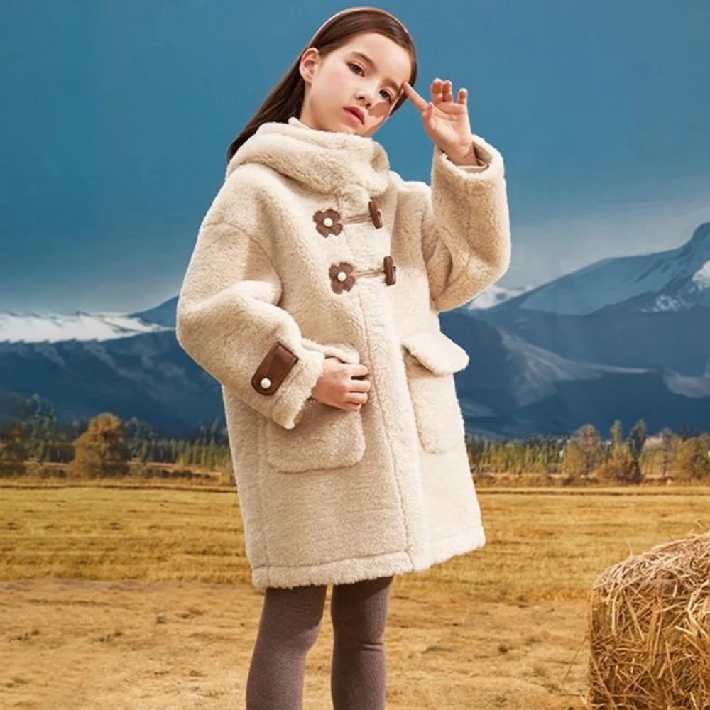 

Girls Children Lamb Hair Warm Thicken Windbreaker Autumn Winter New Korean Full Sleeves Single Breasted Hooded Mid-Length Jacket