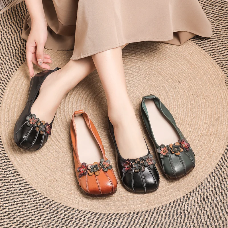 Square Toe Genuine Leathe Ballet Flats Women Vintage Loafers Middle Aged Woman Comfortable Moccasins Ladies Casual Driving Shoes