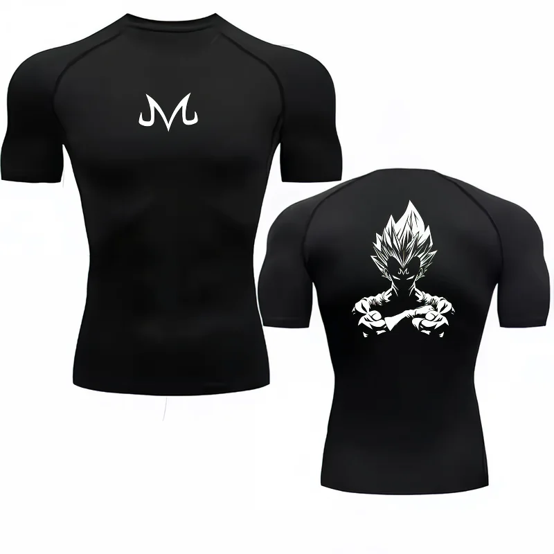 تي شيرت رجالي من Bandai Dragon Ball Z Majin Vegeta Compression Fitness Gym سريع الجفاف، تي شيرت رياضي مريح وقابل للتنفس