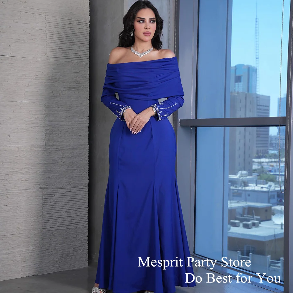 

Mesprit Saudi Arabic Evening Dress Royal Blue Prom Gown Boat Neck Long Sleeves Beads Stone Mermaid Banquet Party Dresses
