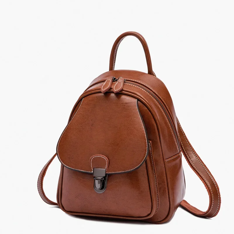 

New Women's Retro Genuine Fashion Elegant Wax Cowhide Leather College Style Simple Ladies Backpack