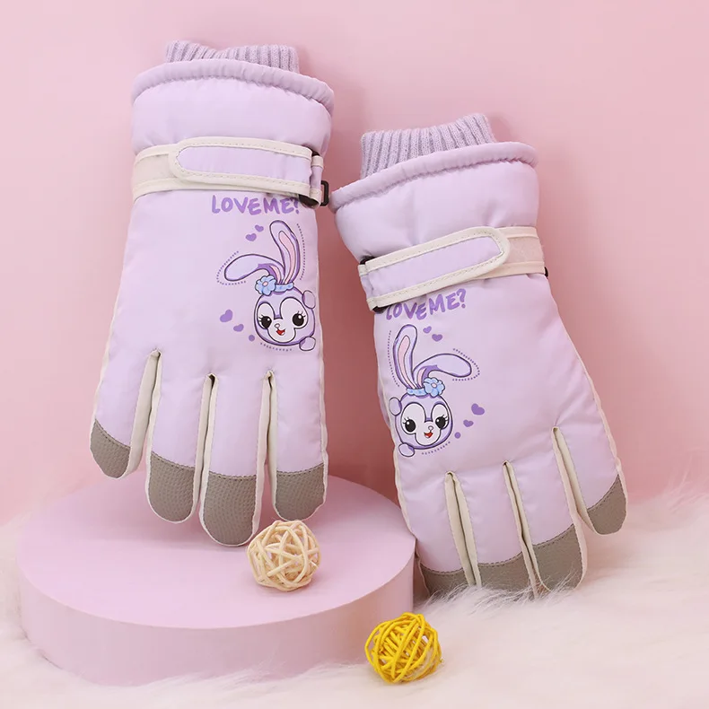 New children's ski gloves winter baby girl cute cotton warm velvet thickened 10-year-old boy winter snow waterproof