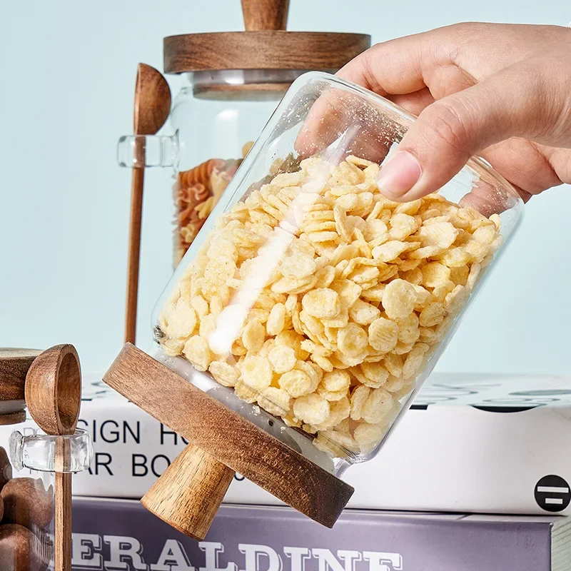 Glass Sealed Jar Five Grains Coffee and Tea Storage Can with Wooden Spoon Seasoning Bottle Kitchen Moisture-proof Storage Tank 3