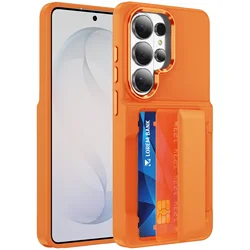 Elegant Skin Feel Wallet Phone Case with Card Slot and Shockproof Bracket Cover - Galaxy S23 Ultra (Orange)