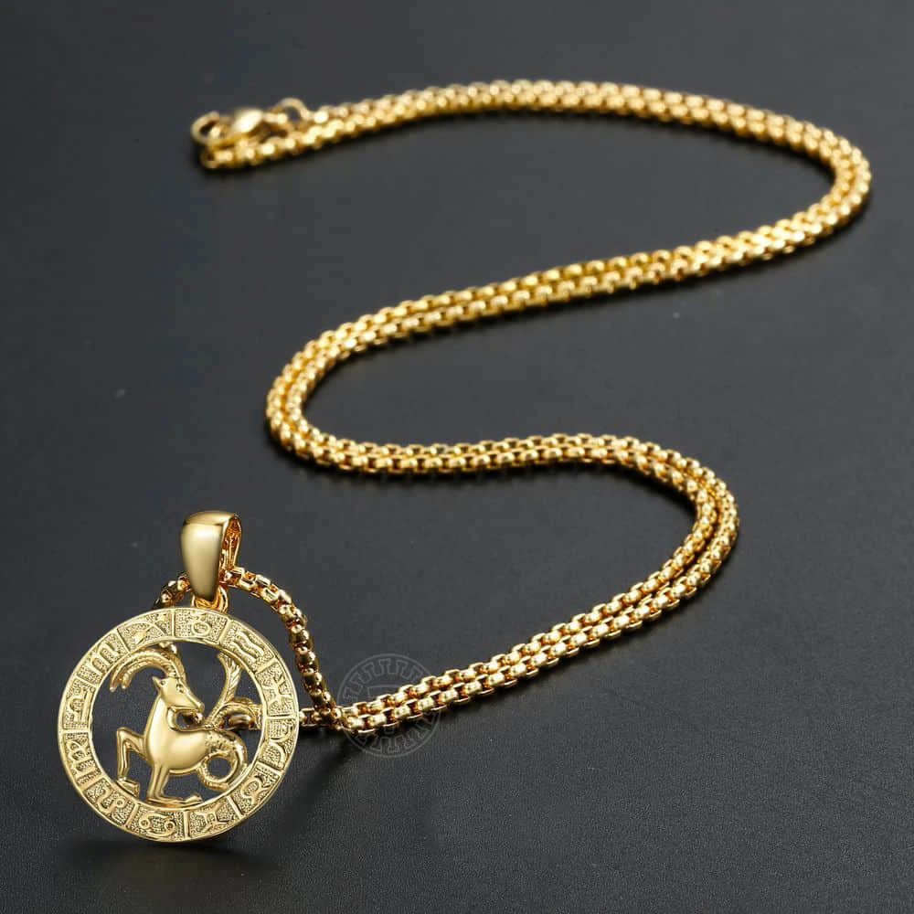 Gold Capricorn Zodiac Sign in Circle Rope Pendant Necklace 