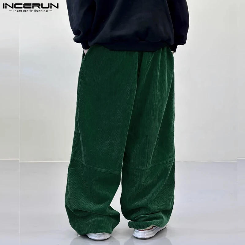 INCERUN 남성 코듀로이 바지 솔리드 컬러 느슨한 탄성 허리 streetwear 캐주얼 와이드 레그 바지 남성 2024 한국 스타일 긴 바지