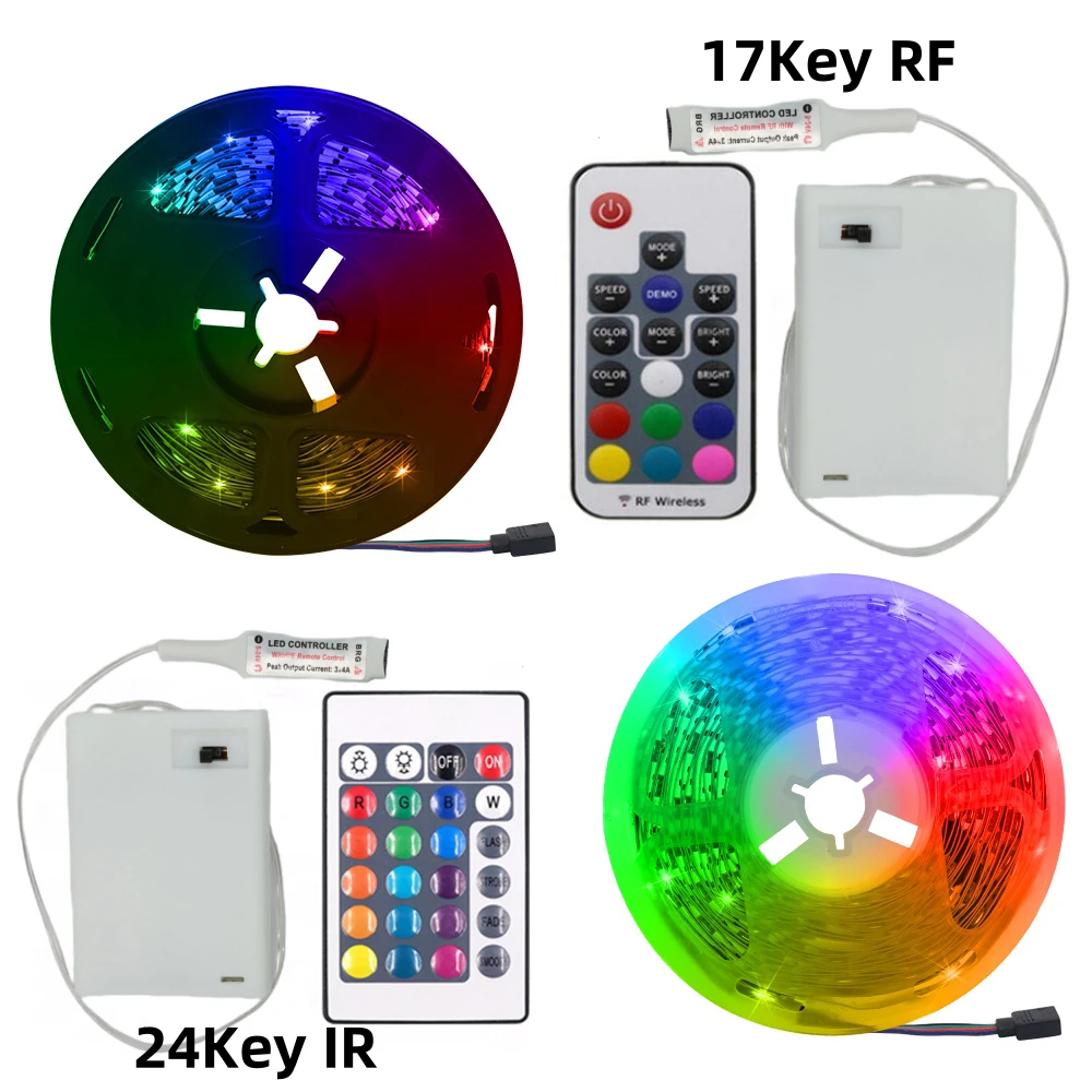 DC 5V RGB LED 스트립 라이트 3AA 배터리 전원 5050 3 17 24 키 리모컨 플렉시블 테이프 30 LED 0.5m 1m 2m 3m 4m 5m
