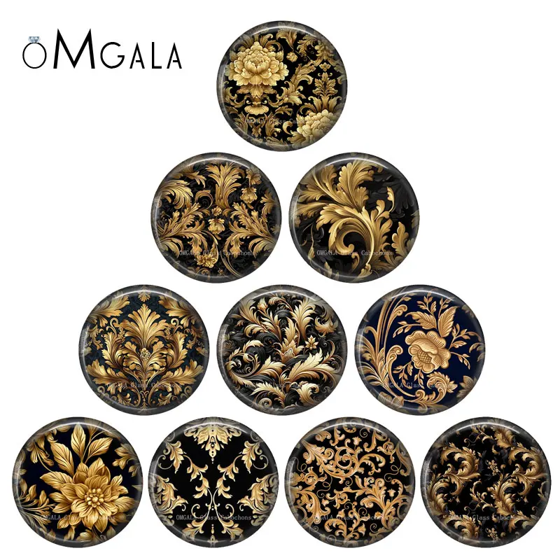 패션 골든 블랙 플라워 패턴 12mm/18mm/20mm/25mm 원형 포토 글라스 카보..