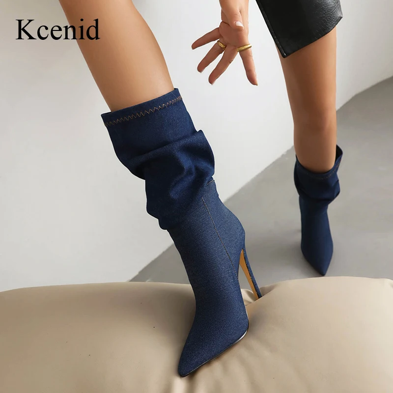 

Kcenid Fashion Denim Women Shoes Plus Size Winter Pointed Toe Party Mid Calf Boots Pleated Thin Heels Ankle Boots For Women