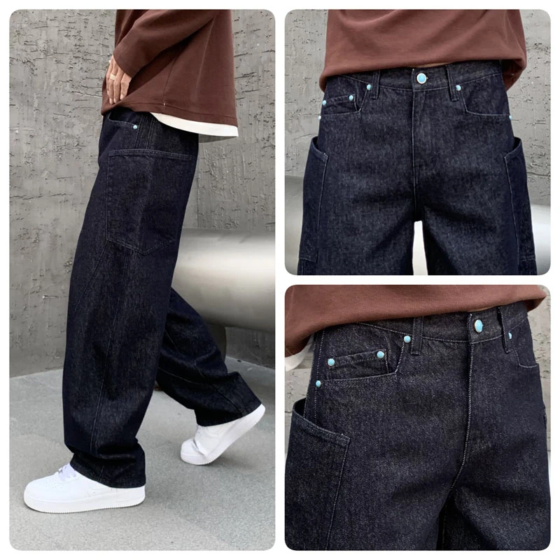 Durable Black Raw Jeans Men Plain Loosen Wide Leg Baggy Denim Bottoms Male's Classic Work Pants 5