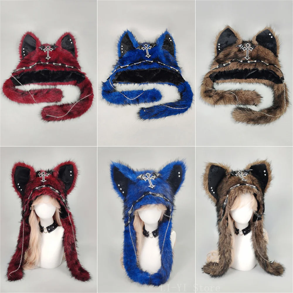 New Gothic Punk Cat Ear Hat with Cross Wing Chain Decoration Plush