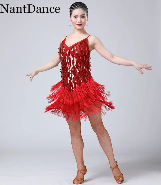 Trajes de baile latino rojo para mujer, ropa de baile de salsa, vestidos de  competición de salón, tango, lentejuelas con flecos para adultos -  AliExpress