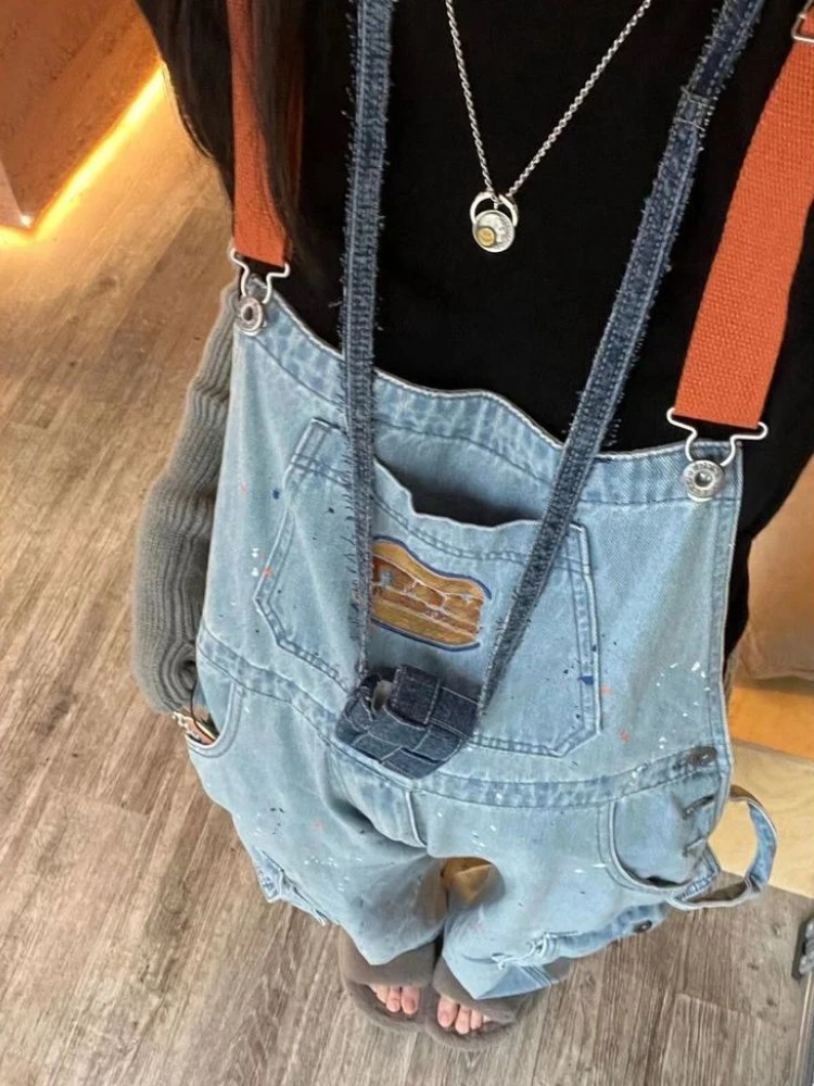 Spring Autumn New Washed Jean Jumpsuit Women Korean Loose Embroidery Splashed Ink Straight Denim Overalls Woman New