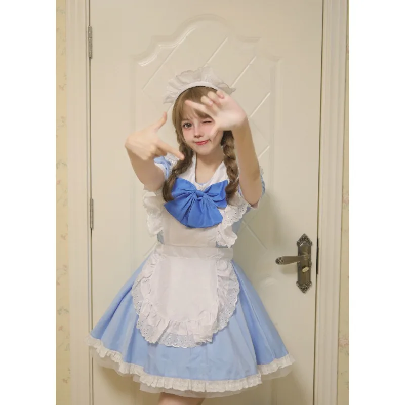 Mädchen Damen Cute Cosplay Lolita Maid Kleid mit Headband S-5XL, Schwarz/Pink/Blau/Lila/Gelb/Grün 23