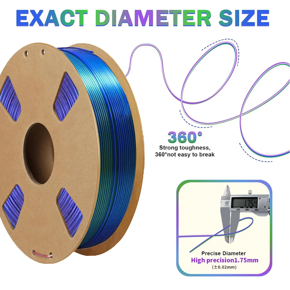 실크 트리플 컬러 PLA 필라멘트 1.75mm, 광택 질감, ±0.02mm 정확도, 블루 그린 퍼플