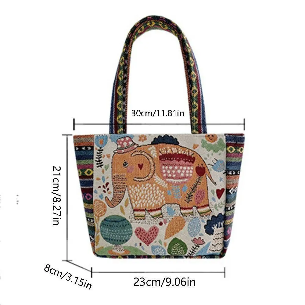 Fashion Women Canvas Handbag Animal Ethnic Style Embroidery Bag Elephant Peacock Rabbit Tote Bag Trendy Storage Bag