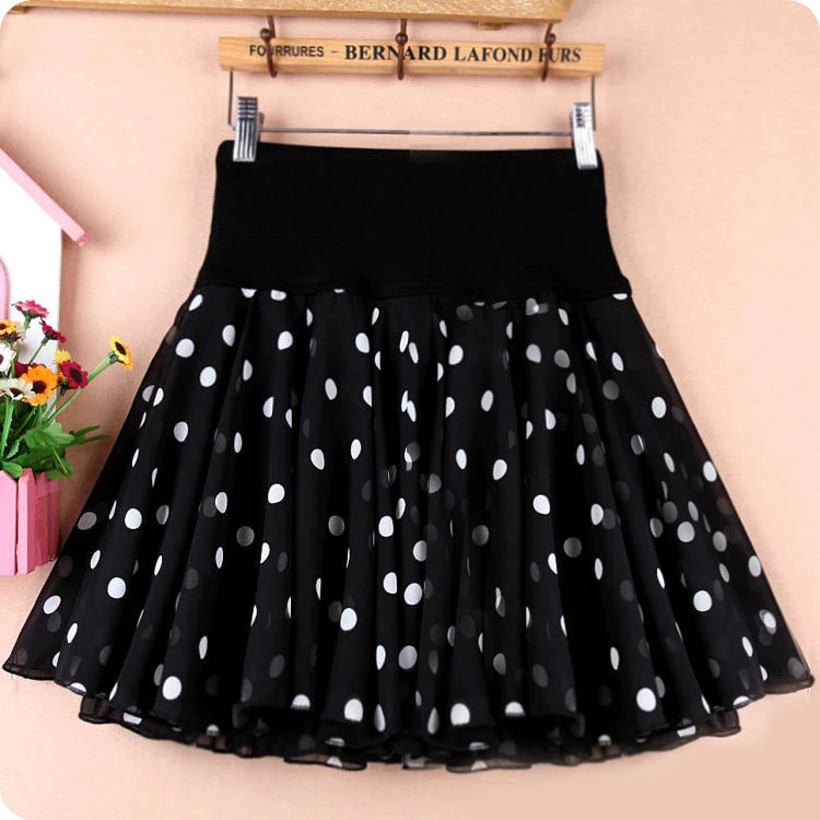 2021 Chiffon Short Skirt Wave Dot Skirt Puffy  Pants Summer Large Anti Light High Waist Half  A-line Yarn  Little safflower black denim skirt Skirts