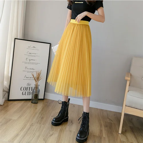 tennis skirt Women Pleated Mesh Mid Length Skirt Summer Elastic High Waist Fashion Solid Korean Casual Party A-Line Tulle Skirts Female 2022 white denim skirt Skirts