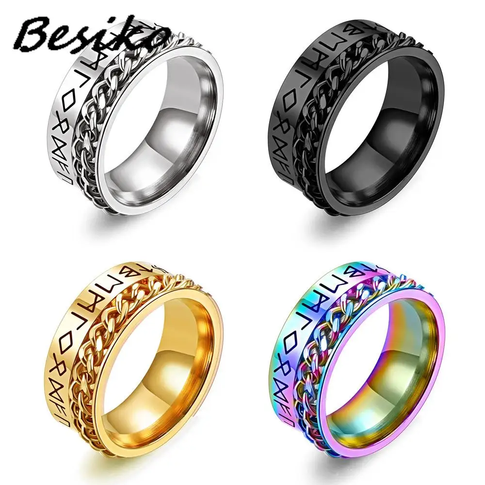 Besiko New Anti Stress Anxiety Ring Figet Spinner Stainless Steel Rings For Men Women Retro Norse Viking Runes Rotatable Ring 5