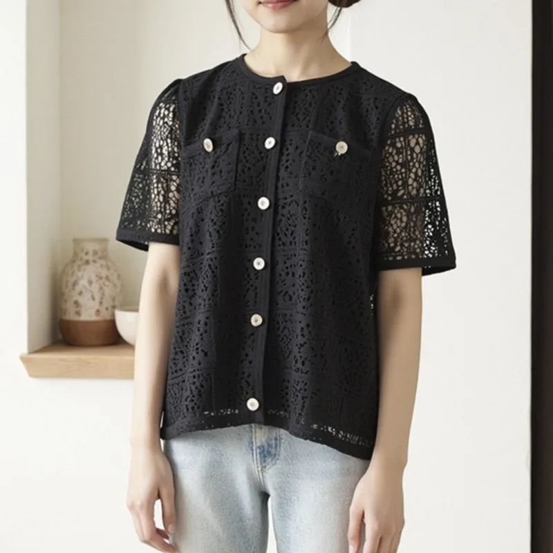 2025 Plus Size Blouses Summer New Chic Double Lace Hollow Out Short Sleeved Shirt 100kg Women Top 3062