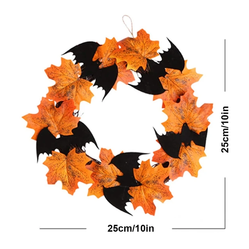 

H55A 10inch Halloween Maple Wreath Artificial Maple Leaf Bat Vine Garland Door Hanging Pendant for Party Thanksgiving Harvest’s
