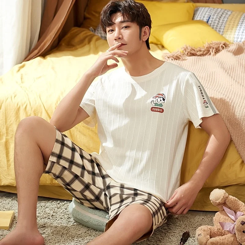 Pajamas Men's Summer Cotton Short Sleeve Shorts Casual Simple Loose Large  Round Neck Wear Home Suit