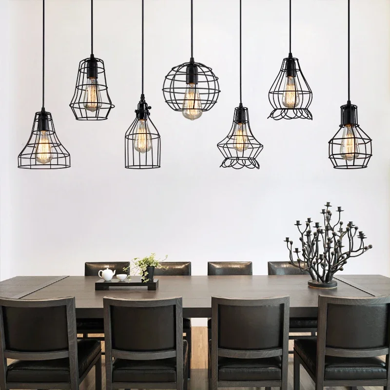 

Подвесной Железный ретро-светильник E27 в стиле лофт, потолочная лампа в стиле индастриал, черные светодиодные осветительные приборы для кухни, гостиной, ресторана