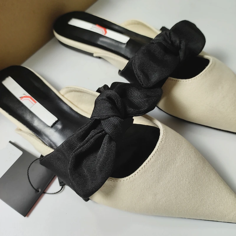 ZARZ Woman 2022 Flat Shoes Spring Summer Pointed Sexy Bow Outer Wear Plus Size 41 Beige Lazy Sandals And Slippers Women Luxury