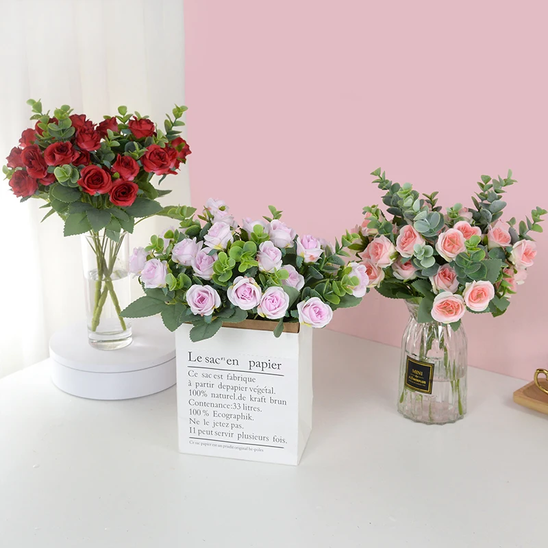 

1pc Polychrome Artificial Flowers Silk Rose Mini Bouquet for Christmas Home Wedding New Year DIY Gift Box Decoration Fake Plants