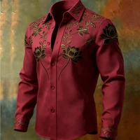 Chemise homme de luxe à manches longues avec broderie lotus en fil doré, texture satinée, col à revers, chemise décontractée et formelle 2