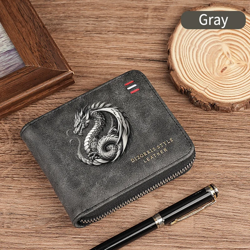 Dragon Horse Wolf Kurze Herren-Geldbörsen mit Reißverschluss, schlank, klassisch, mit Münzfach, Herren-Geldbörse, Kartenhalter, Geldbörsen aus mattiertem Leder für Jungen – Detail 10