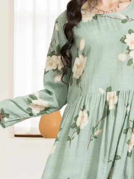 Casual Round Neck Floral Print Wrinkle Spliced Long Dress Mint Green, Women's Stylish Regular Sleeve Spring Fashion 6