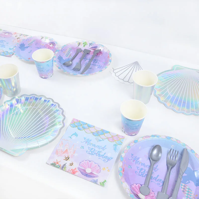 Mermaid Birthday Party Disposable Tableware Set Under The Sea Party Little Mermaid Girls 1st Birthday Decoration Shell Balloons