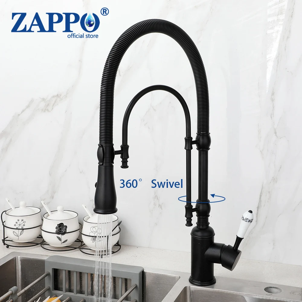 

ZAPPO BrassBlack High Arc 360 Swiveling Faucets Dual-Mode Pull-Down Sprayer Kitchen Sink Faucet with Porcelain Handle Mixer Tap