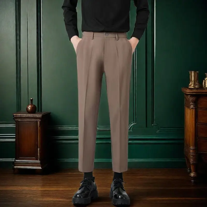 2024 New Spring and Autumn High End Fashion Business Casual High Waist Button Pocket Hanging Straight Crop Suit Pants for Men