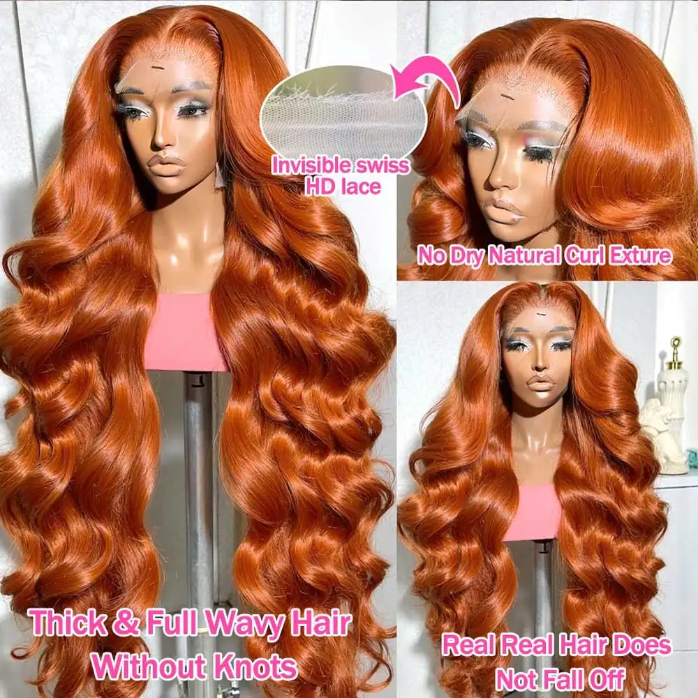 30 34 Inch Body Wave Human Hair Wigs 13x4 HD Lace Frontal Human Hair Wigs Ginger Orange Wet And Wavy Lace Front Wigs For Women 3