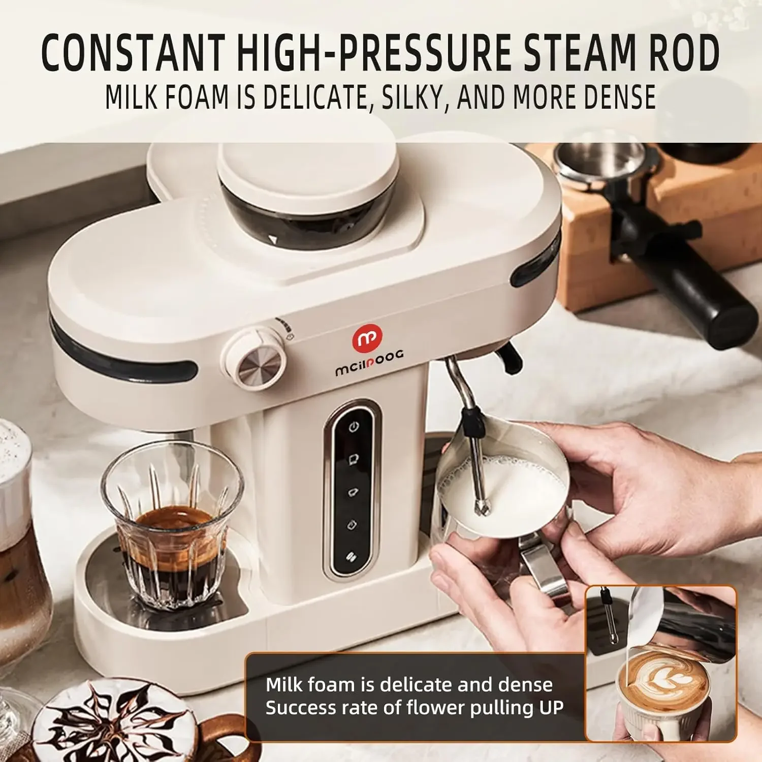 AC510 15Bar Semi Automatic Espresso Machine With Grinder & Steam Wand,3-in-1 Compact Espresso Coffee Maker With 28 oz Removable 4