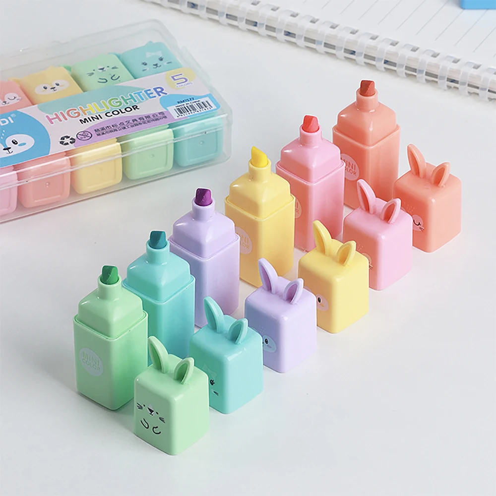 6Pcs/Set Kawaii Stationery Cartoon Animals Highlighter Macaron Cute Oblique Tip Marker Scrapbooking Diary Fluorescent Pen