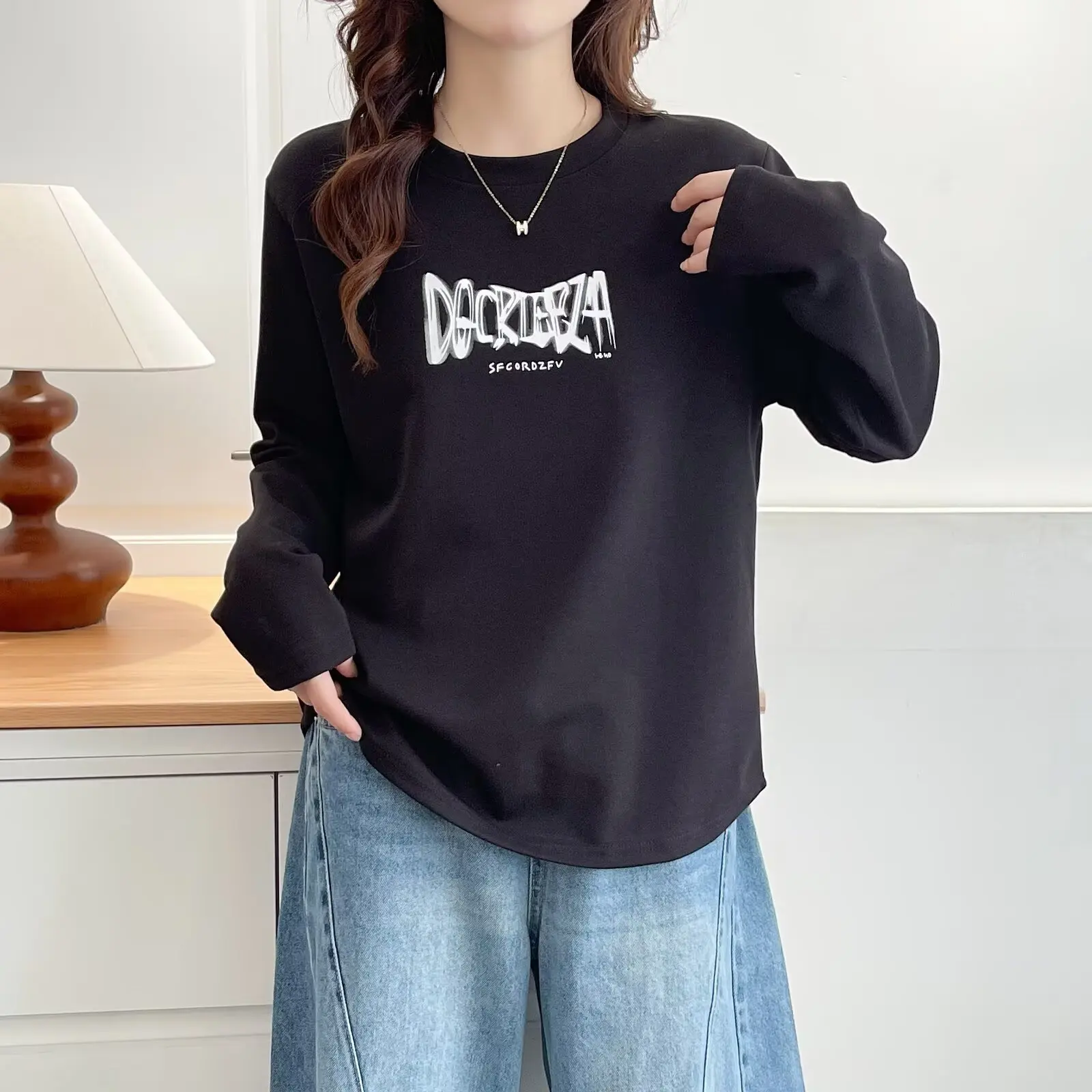 Fashion Plus Size Women's T-Shirt Autumn Basic Student Long Sleeve Print O-Neck Tops 957