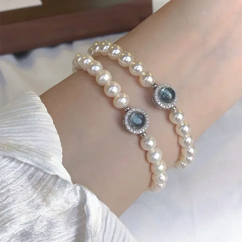 925 Sterling Silver Pearl Bracelet For Women French Luxury Designer Blue Crystal Charm Bracelets Fashion Party Wedding Jewelry - Image 3