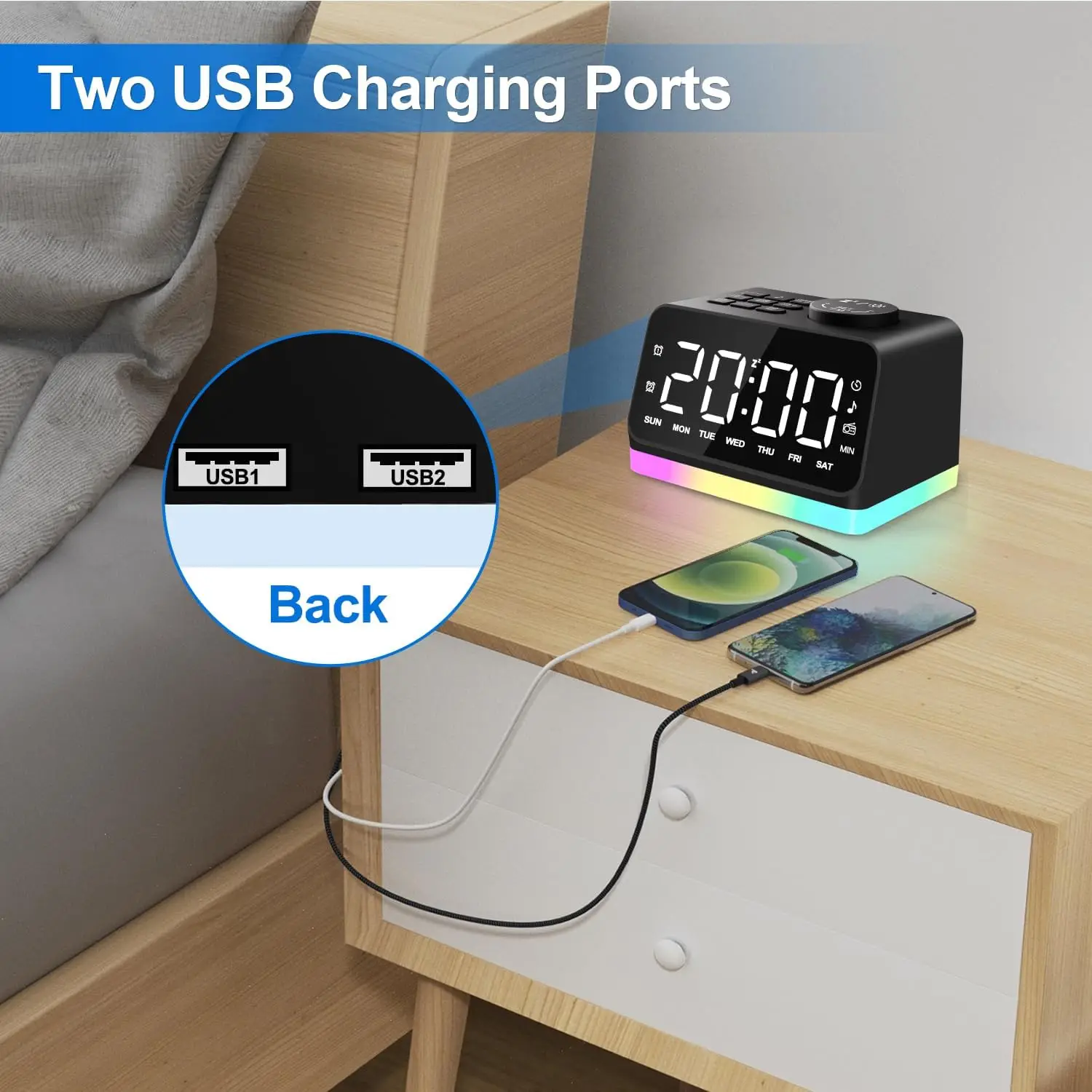 Digital Alarm Clock with FM Radio, Night Light & USB Charging Ports, Sleep Sound Timer for Bedroom, Easy Use for All Ages 6