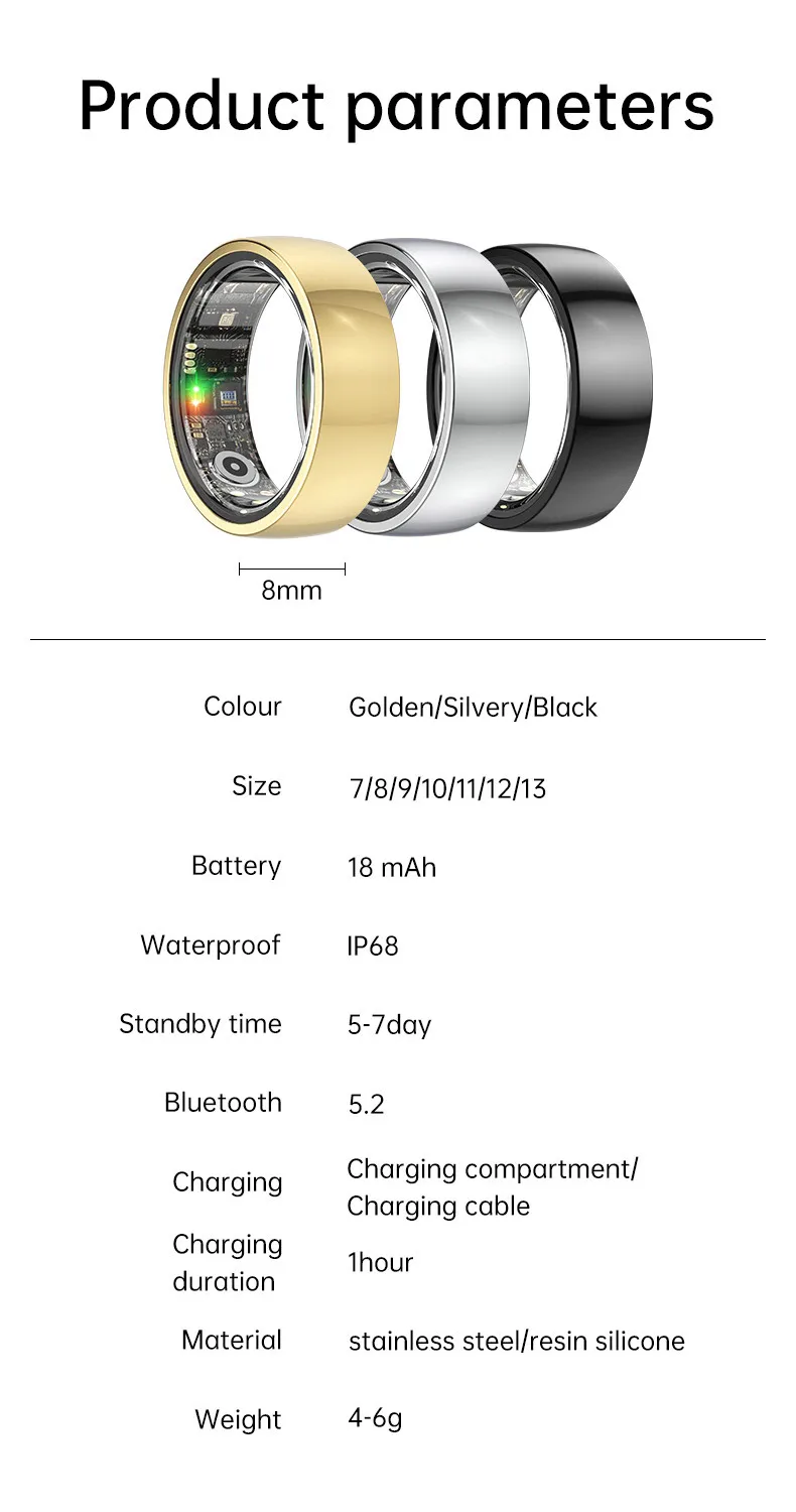 R1000 Stainless Steel Health Tracker Smart Ring Blood Oxygen Pressure Heart Rate Monitor Smart Finger Rings Fitness Waterproof