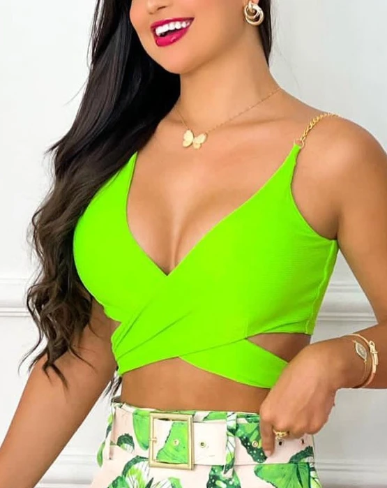 Women's Two-Piece Summer 2024 New Women's Sexy Solid Color Sleeveless Hollow Chain Vest and Printed Buttocks Skirt Set with Belt