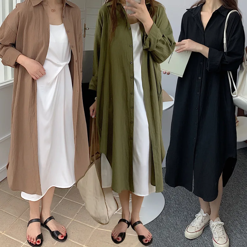 Women Korean Fashion Simple Long Cardigan Spring Autumn Solid Shirts Tunics Office Lady Over Knee Casual Top