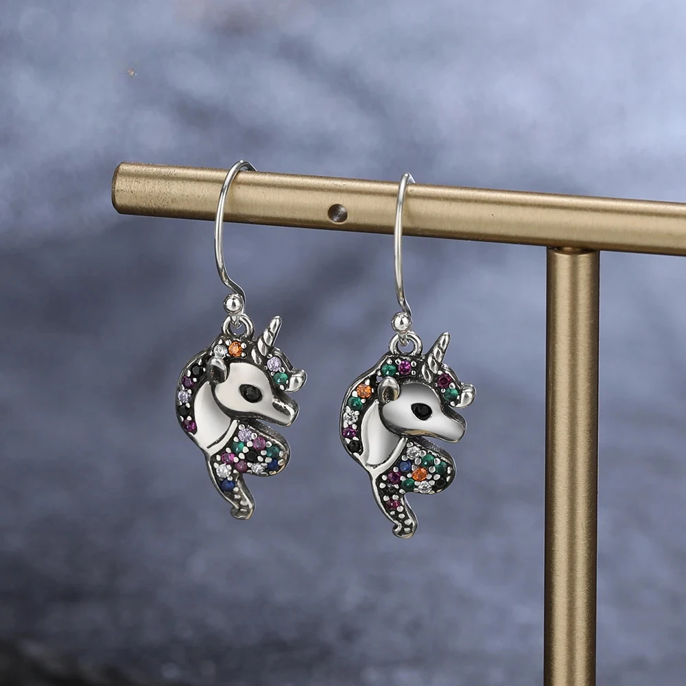 

New Style Colored Unicorn Drop Earrings Sterling Silver 925 Earrings with Zircon Luxury Party Jewelry Gift for Women