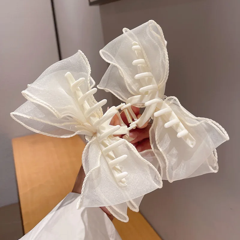 Korean Large Butterfly Knot Hair Clip Summer Mesh Rhinestone Versatile Shark Clamp Women's Headwear Professional Salo