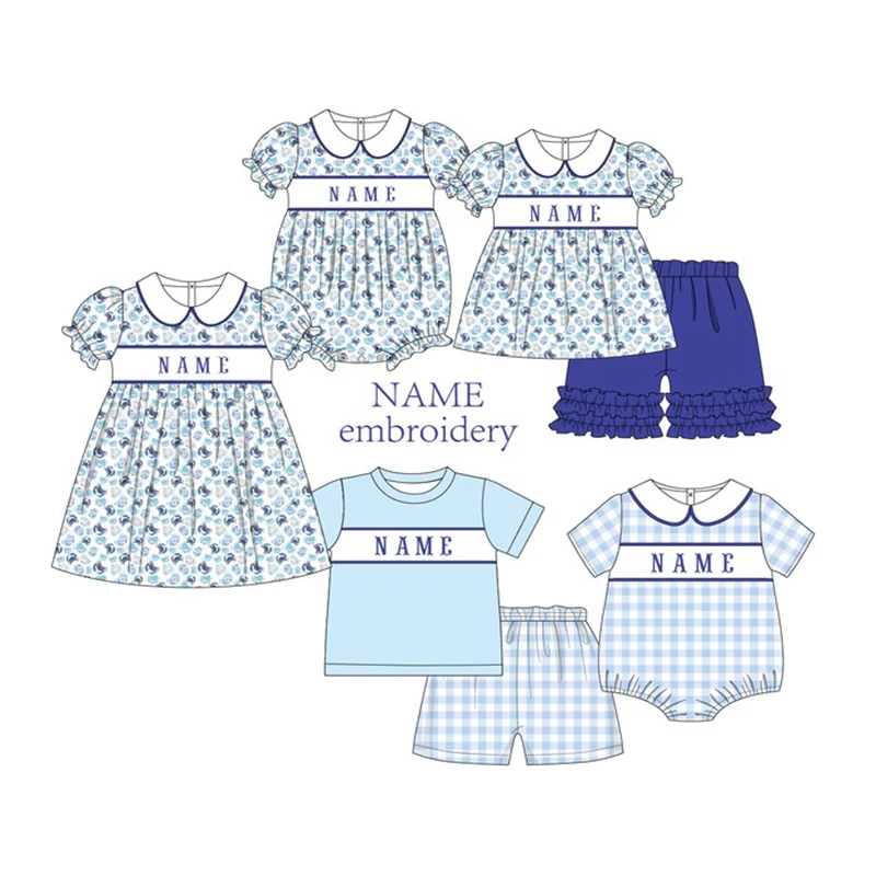 

2023 Baby Girl And Baby Boy New Cotton Customizable Name Styles Presale Models Blue Crab Print Series Romper Sets Clothes