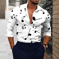 Men Music Note Print White Shirt Social Dress Streetwear Fashion Casual 3d Digital Print Lightweight Breathable Long Sleeve Tees
